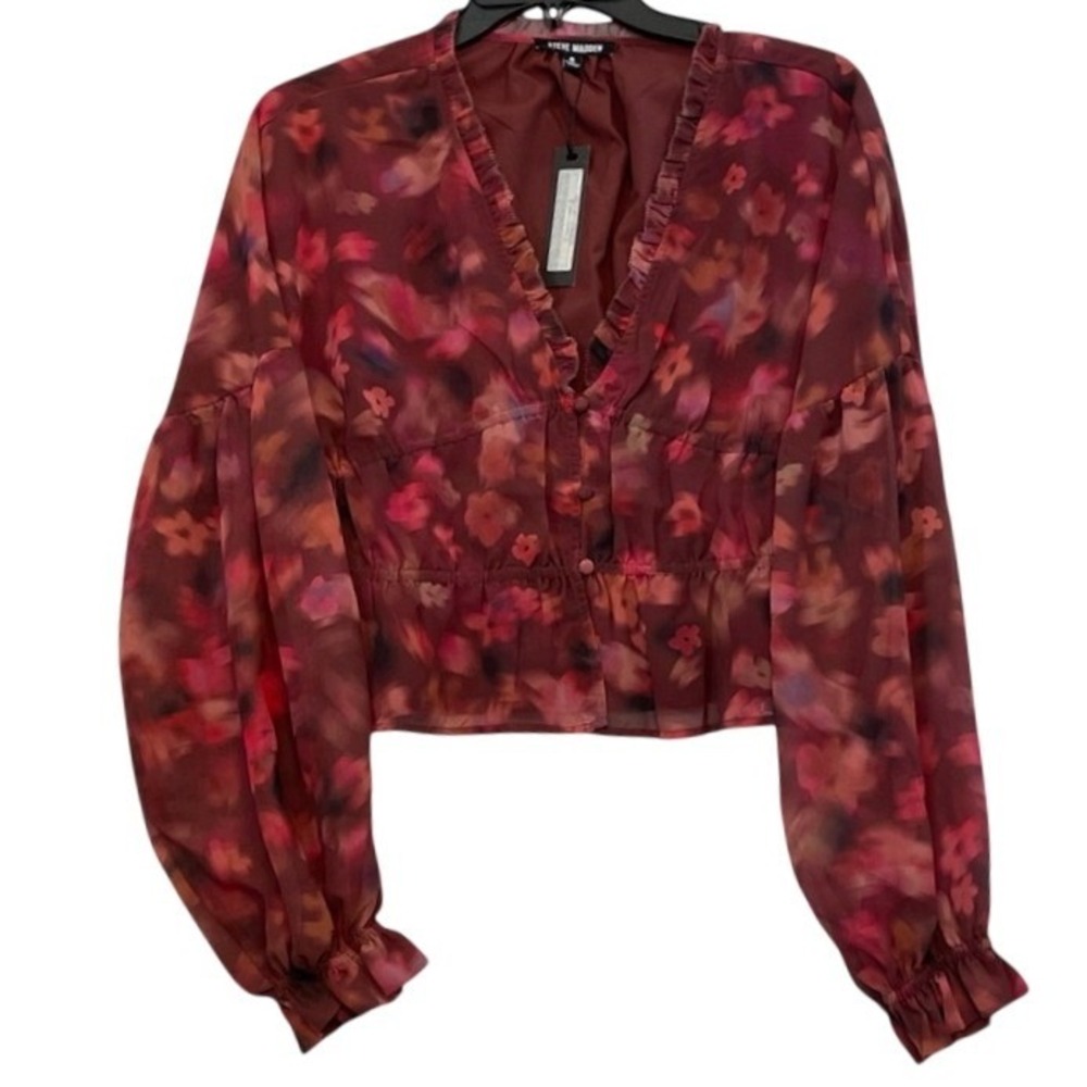 Steve Madden Women Sm Burgundy Floral Ruffle V-Neck Balloon Sleeve Crop Blouse